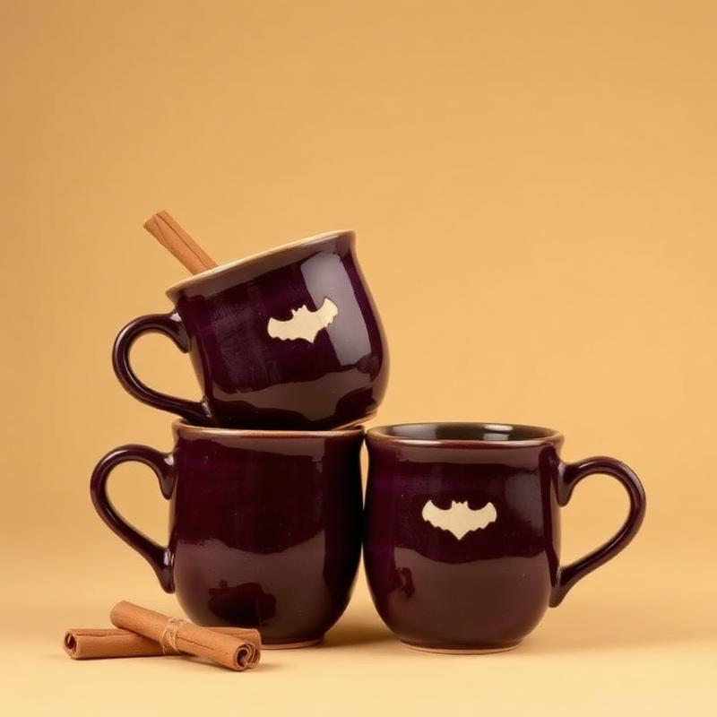 Deep plum stoneware mugs with a small cream bat motif