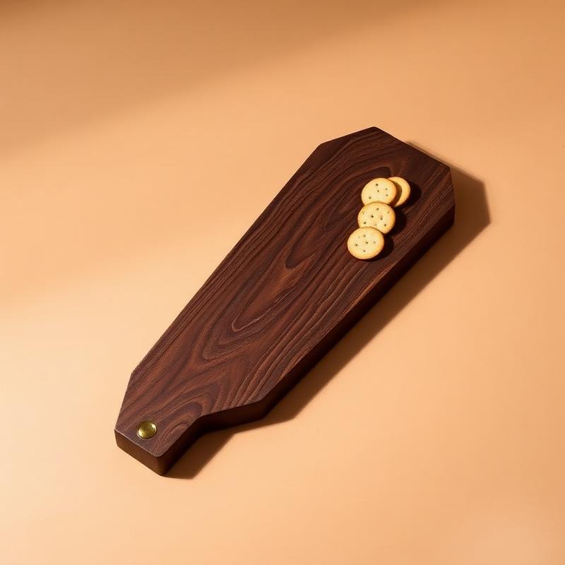 A coffin-shaped dark walnut serving board with a brass handle