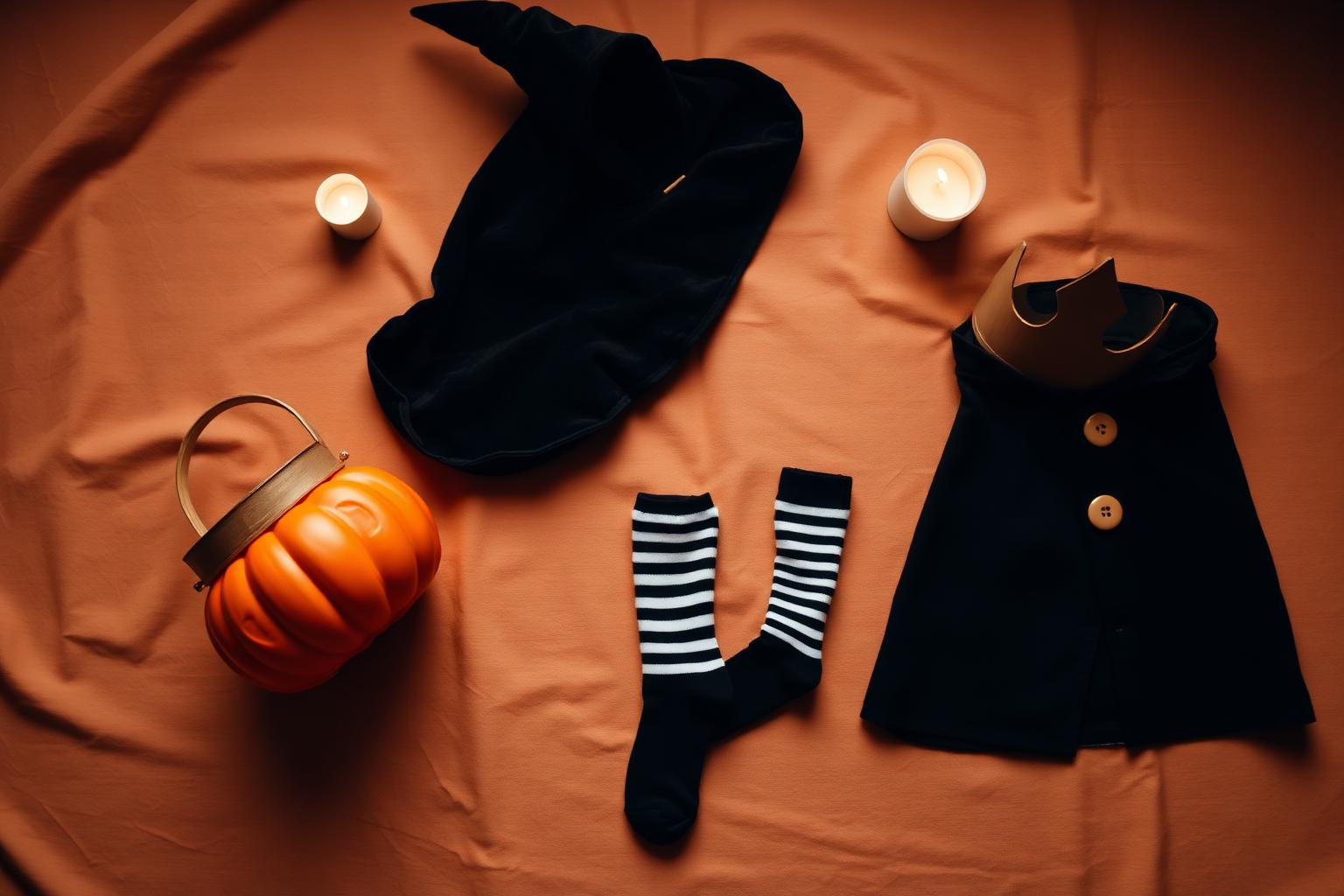 A flat lay of family Halloween costume pieces — a witch hat, velvet cape, striped socks, and a pumpkin candy bucket on warm linen
