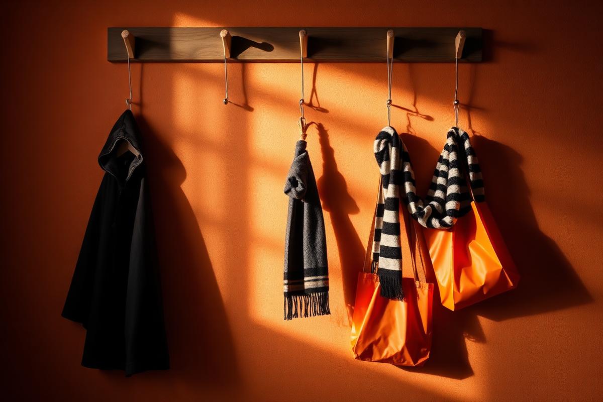 Halloween costume pieces hanging on wooden pegs against a warm wall — a dark cape, striped scarves, and orange treat bags