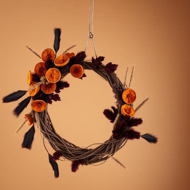 A dried autumn wreath with orange slices, dark feathers, and burgundy foliage