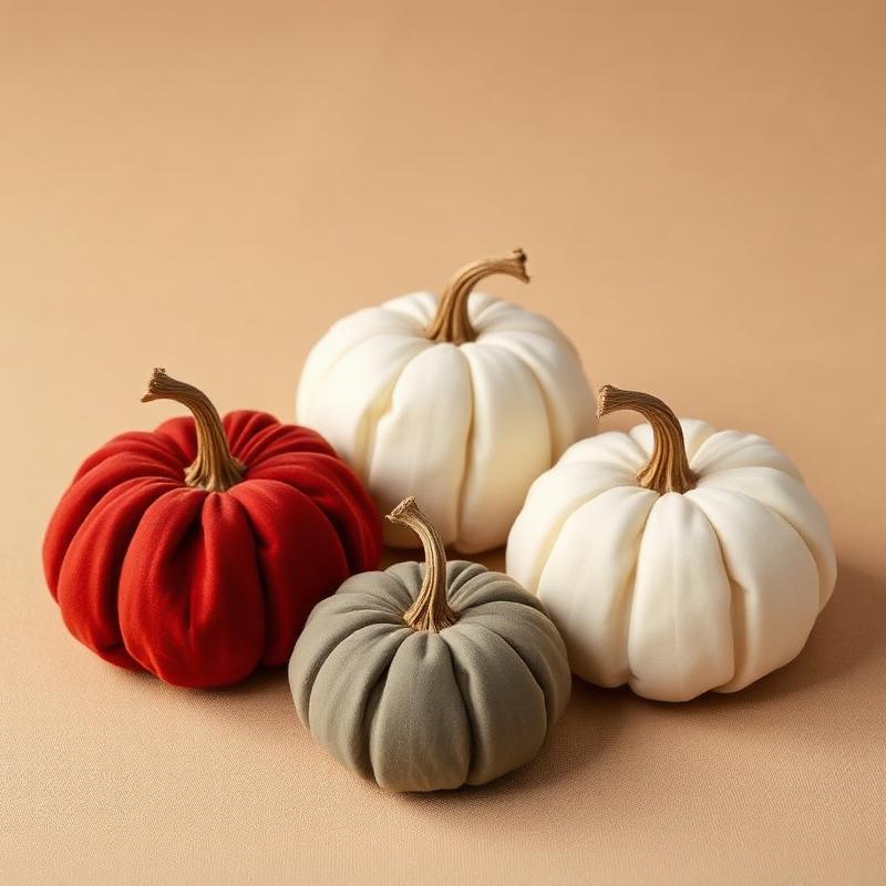 Five velvet fabric pumpkins in rust, cream, and sage