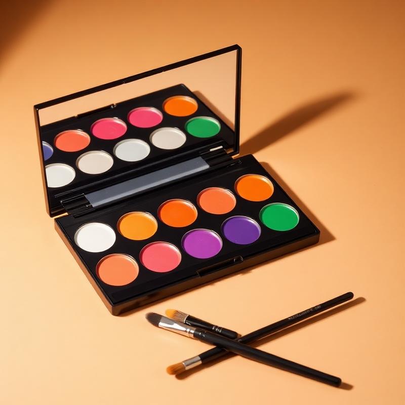 An open face paint palette with brushes in Halloween colors
