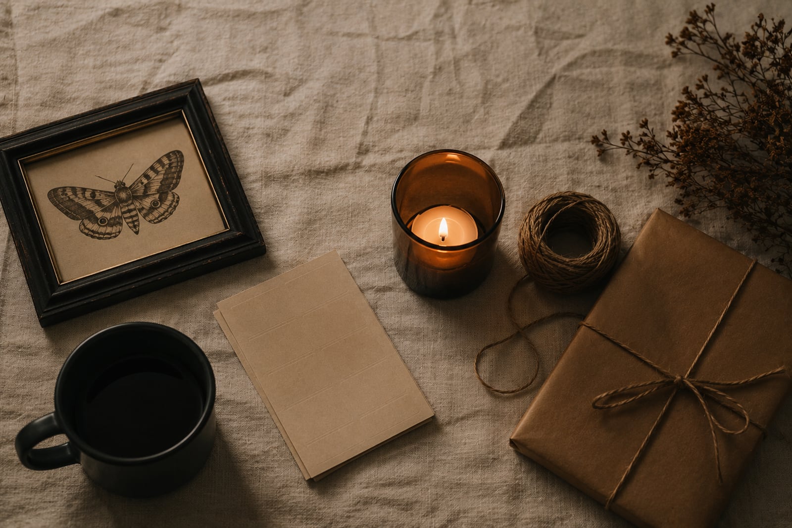 A flat-lay of Halloween gifts on linen: a framed moth print, an enamel mug, a sticker sheet and a candle in amber glass