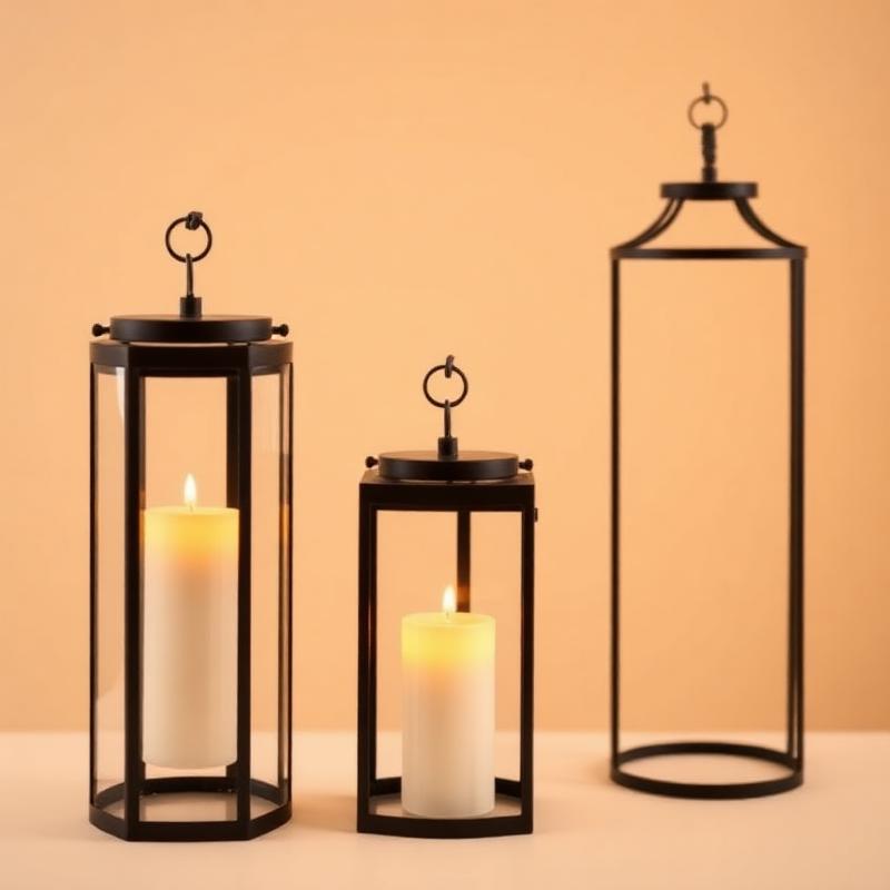 Three black metal lanterns with glowing LED pillar candles