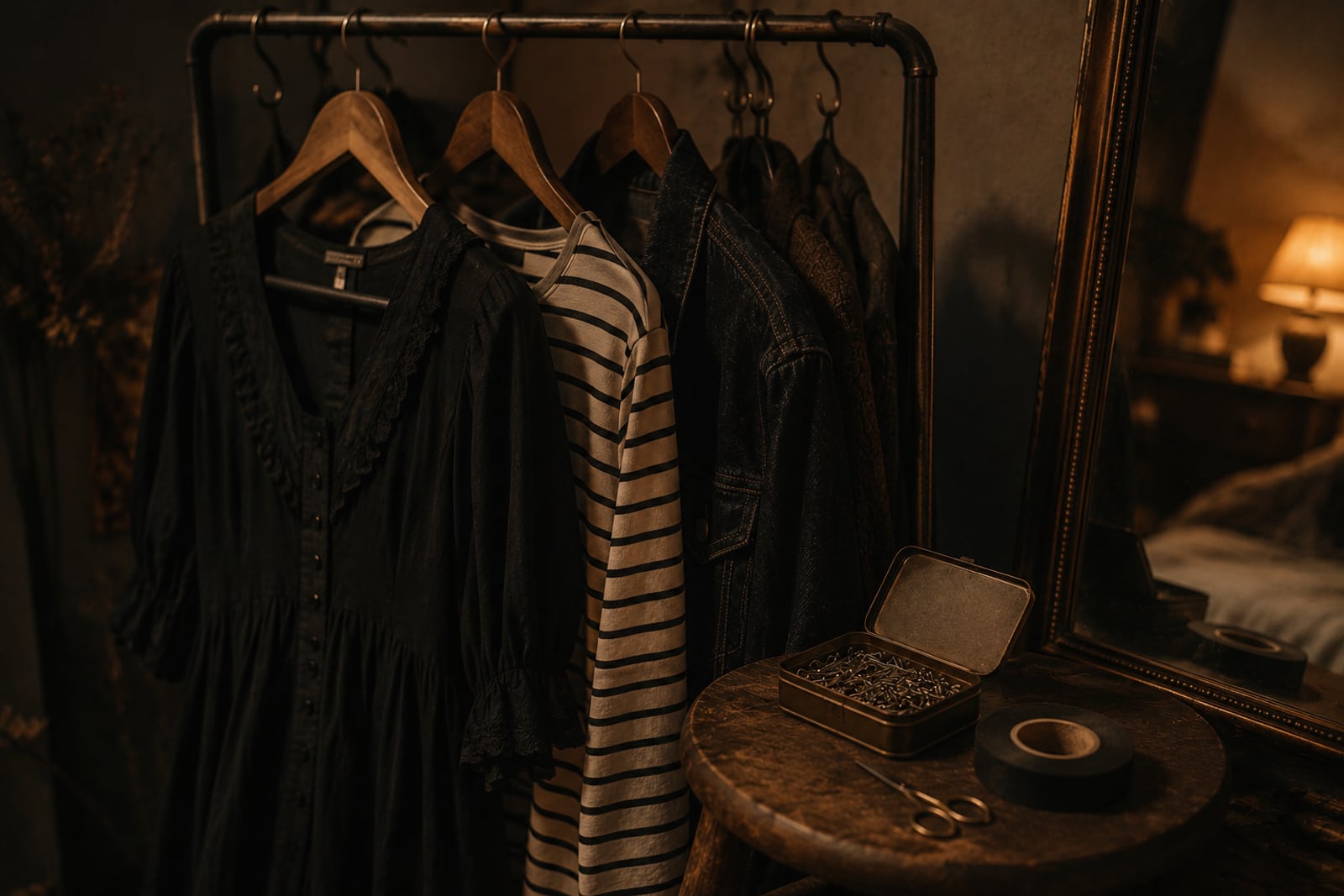 A rail of everyday clothes with a black dress, striped shirt and denim jacket pulled forward, beside a mirror and a box of safety pins
