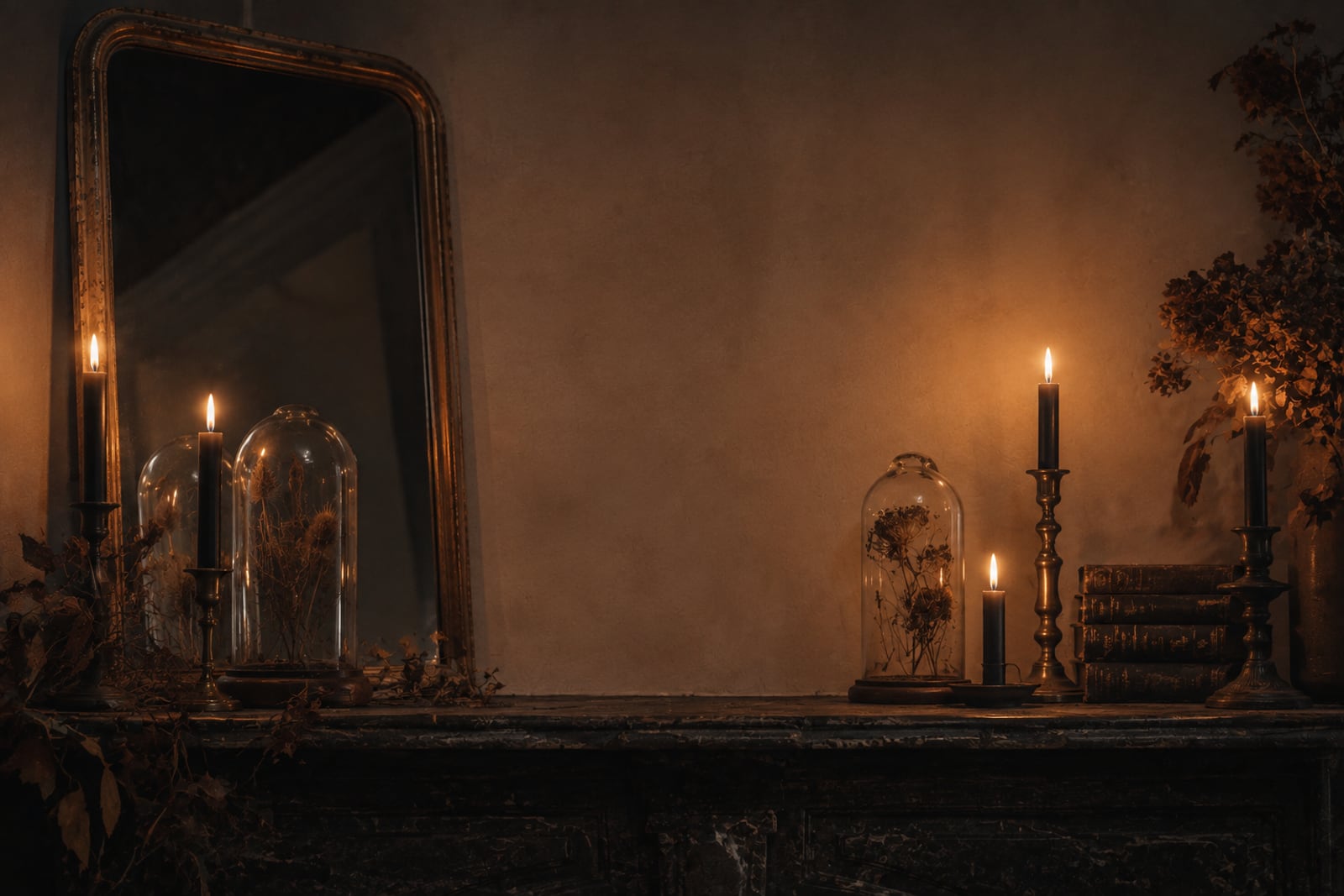 A styled fireplace mantel with black taper candles at staggered heights, a bell jar, dried foliage and a leaning antique mirror