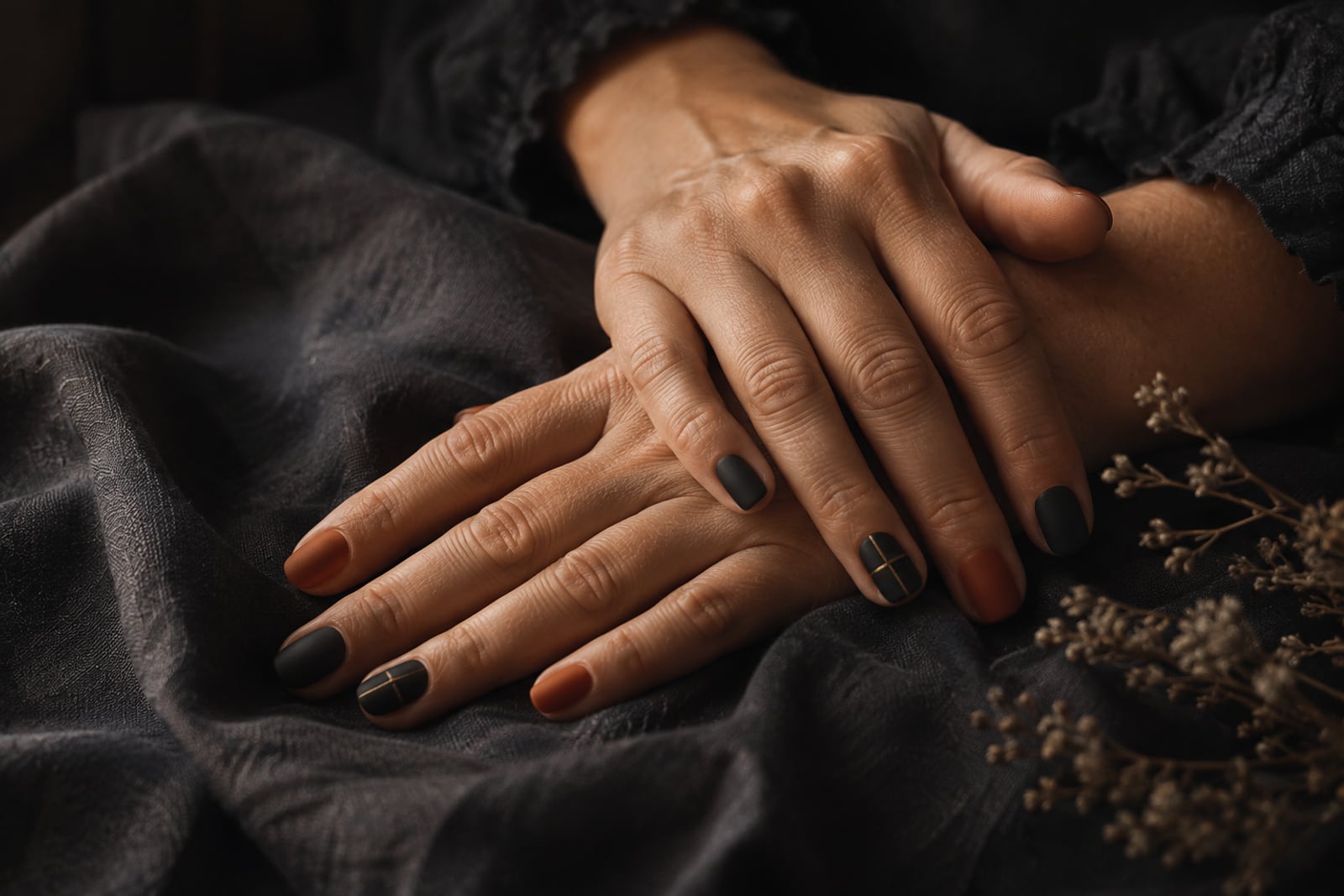 Close-up of hands with matte black and burnt orange nail art, one accent nail with a fine gold line, resting on a dark linen cloth