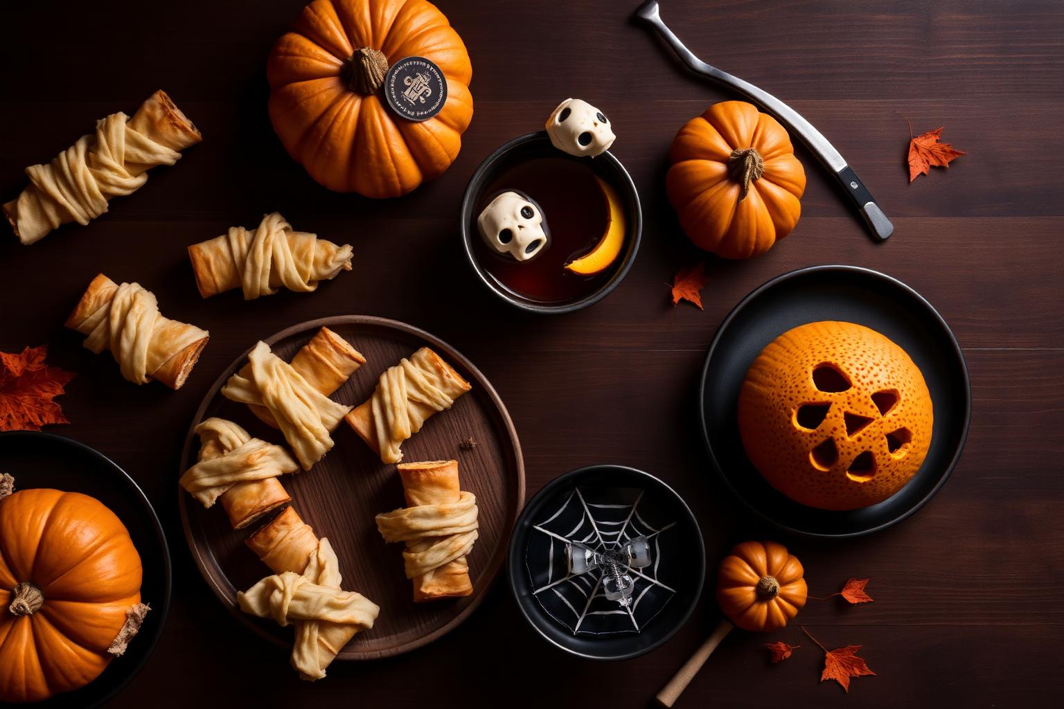 An overhead spread of Halloween party food on a dark wood table — mummy pastries, a pumpkin cheese ball, and punch with skull ice