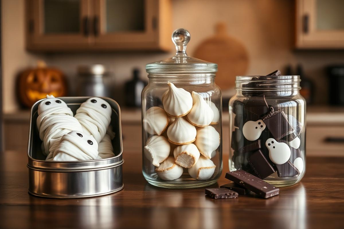 Make-ahead Halloween treats in glass containers — ghost meringues, mummy cookies, and chocolate bark on a kitchen counter