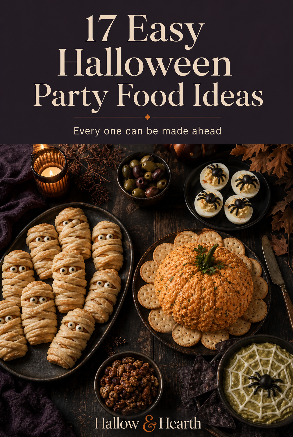 Pinterest graphic for 17 easy Halloween party food ideas you can make ahead
