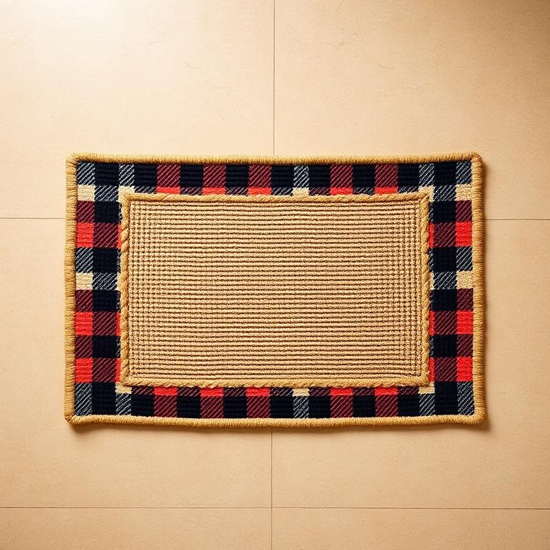 A coir doormat with a rust, black, and cream plaid border