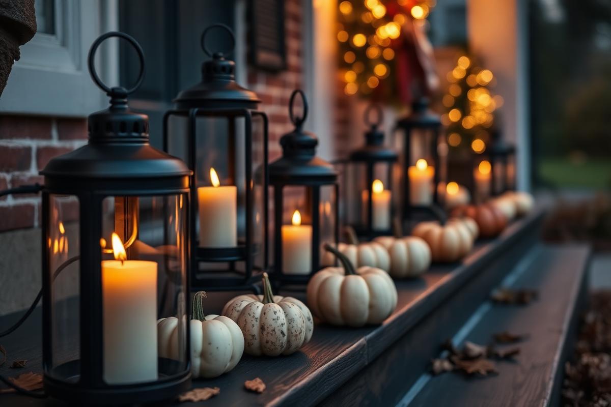 Black lanterns with flickering candles and small cream pumpkins lined up on porch steps at dusk