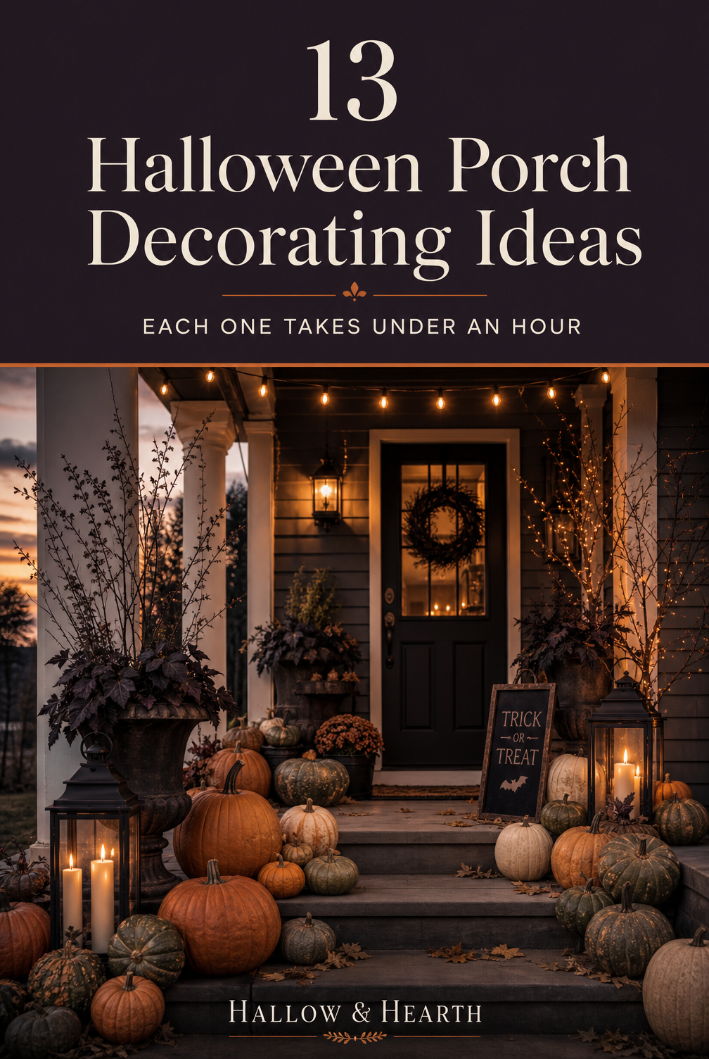 Pinterest graphic for 13 Halloween porch decorating ideas that take under an hour