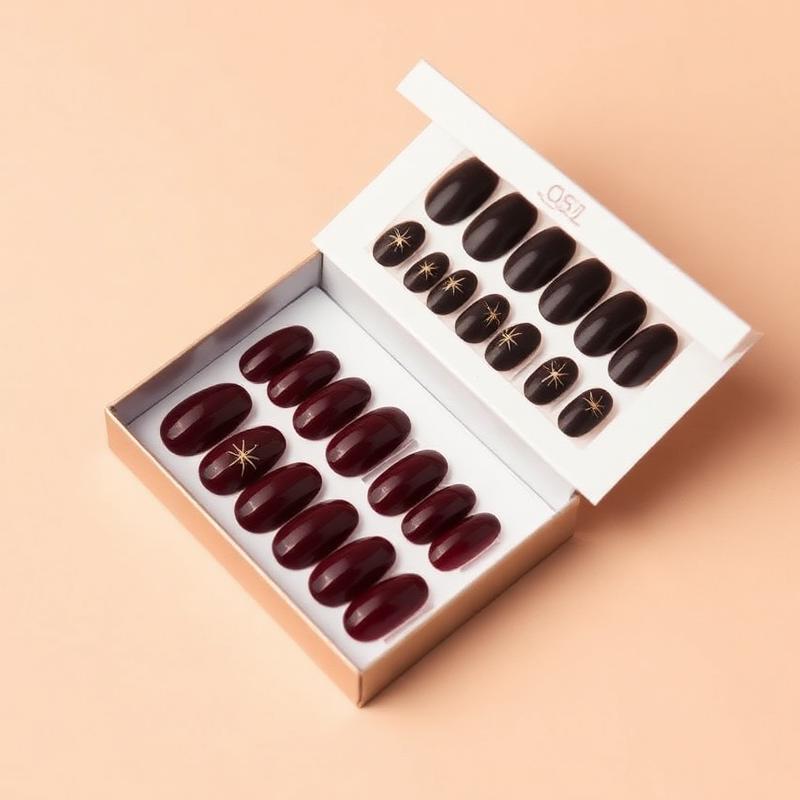 A boxed set of deep burgundy press-on nails with gold spiderweb accents