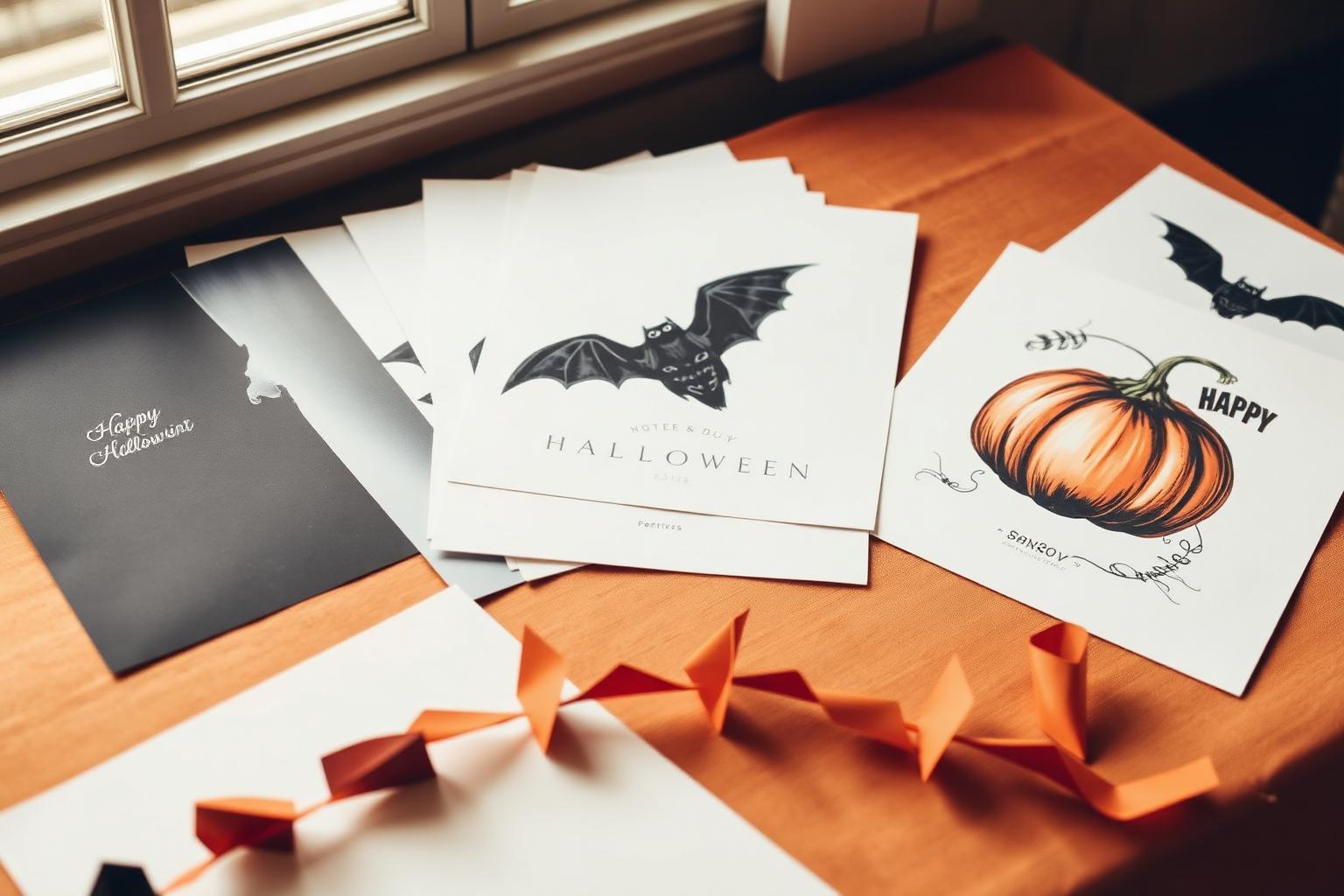 Printed Halloween art prints and paper decorations fanned on a linen tablecloth