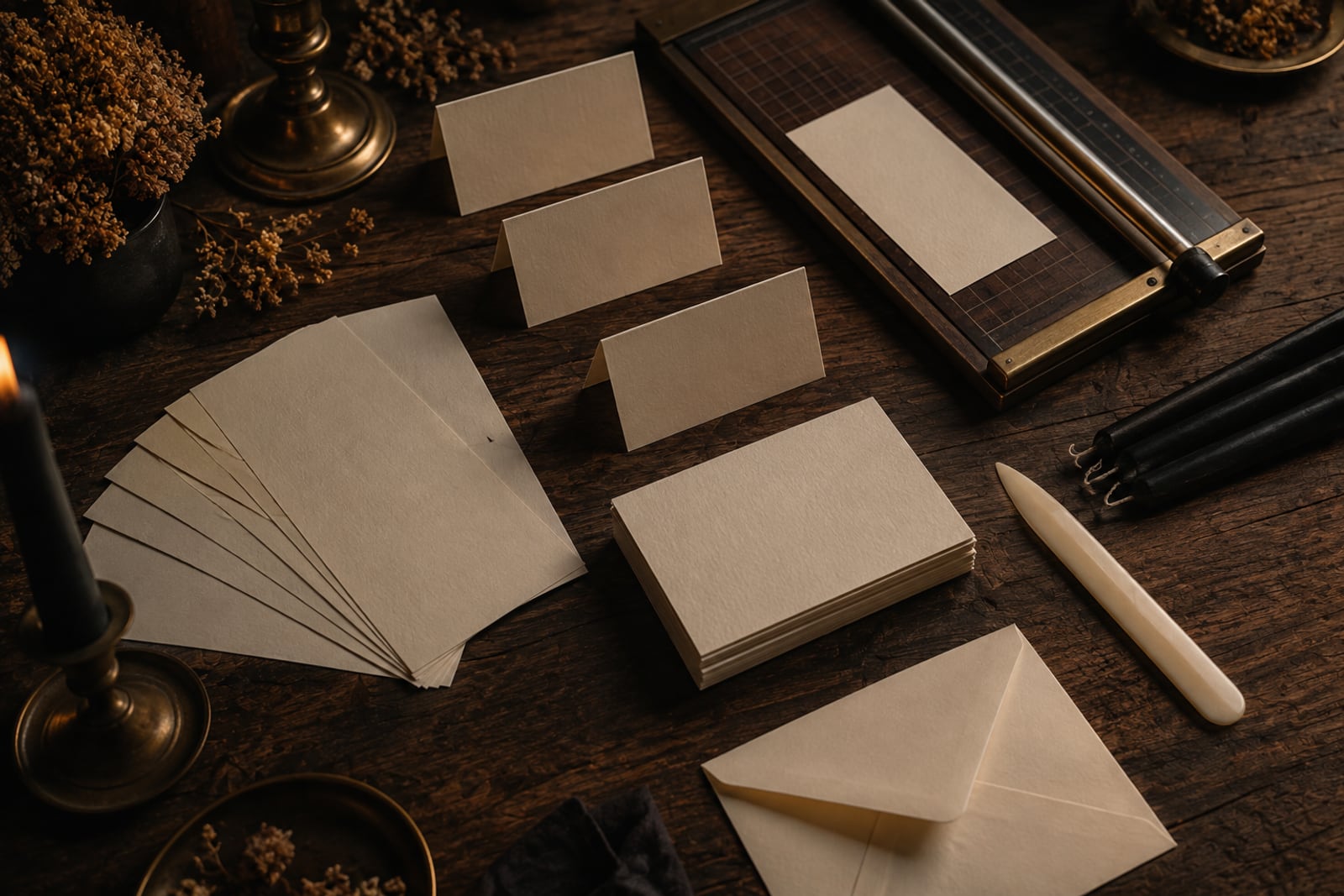 A wooden table laid with printed Halloween invitations, tented food labels and bingo cards beside black candles and a bone-coloured envelope