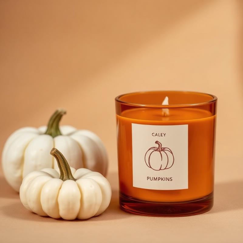 An amber glass candle with a cream pumpkin label beside small white pumpkins