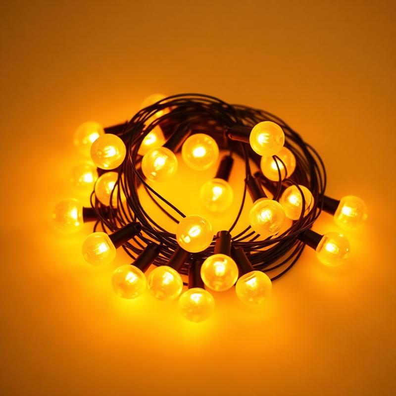 A coiled strand of glowing warm amber globe string lights