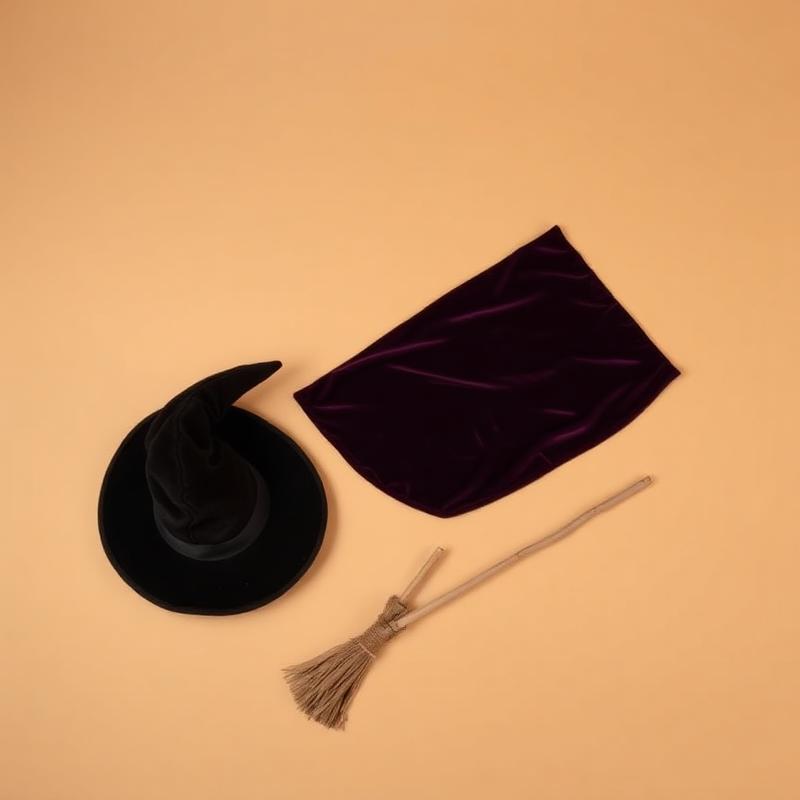 A witch costume kit with a pointed hat, velvet cape, and twig broom